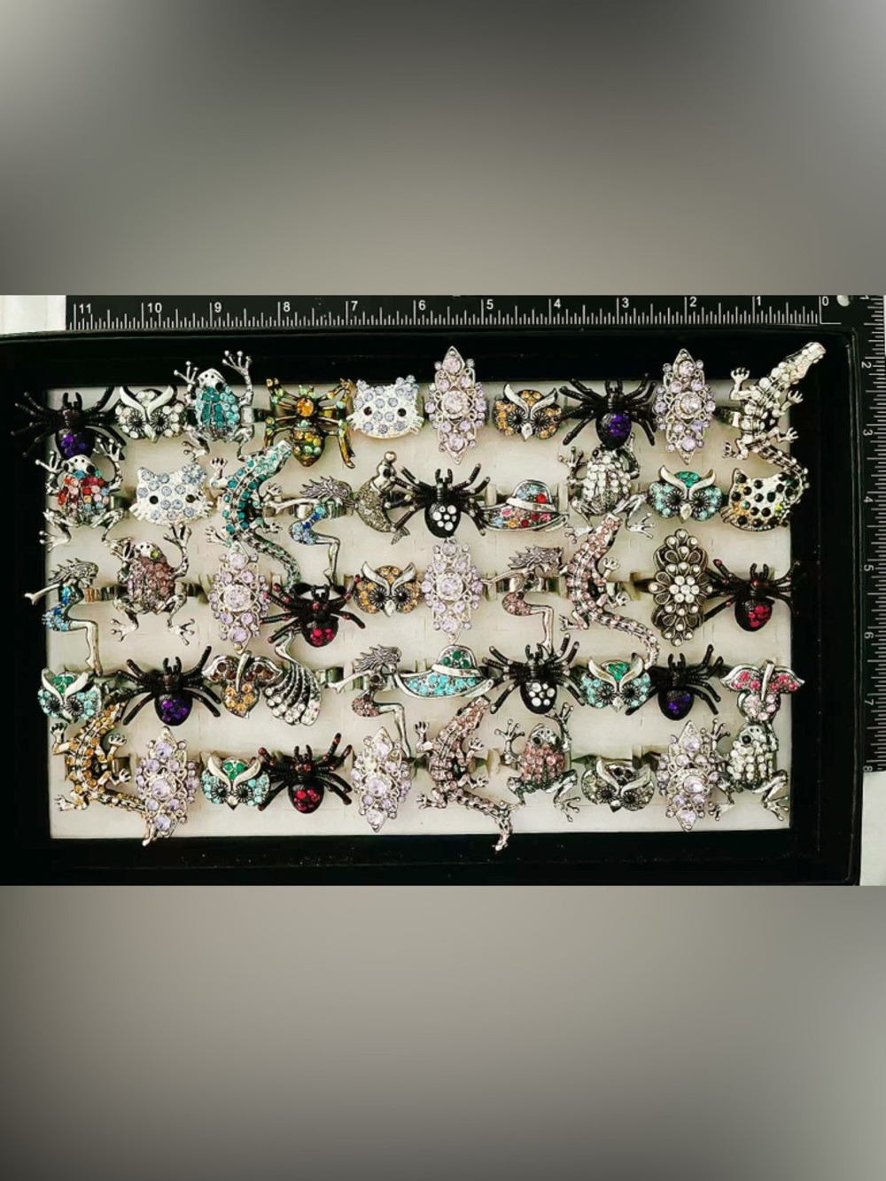 Lot 50 VTG Style Adjust Rings Lizard Spider Frog Mermaid Owl Rhinestone Bling